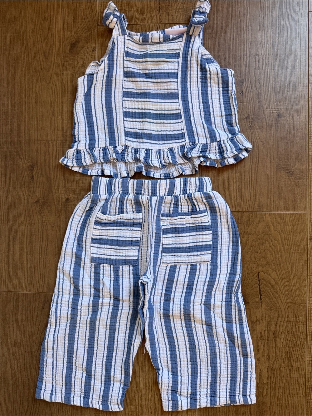 Little Lass Blue & White Striped Linen Kids Pants Set